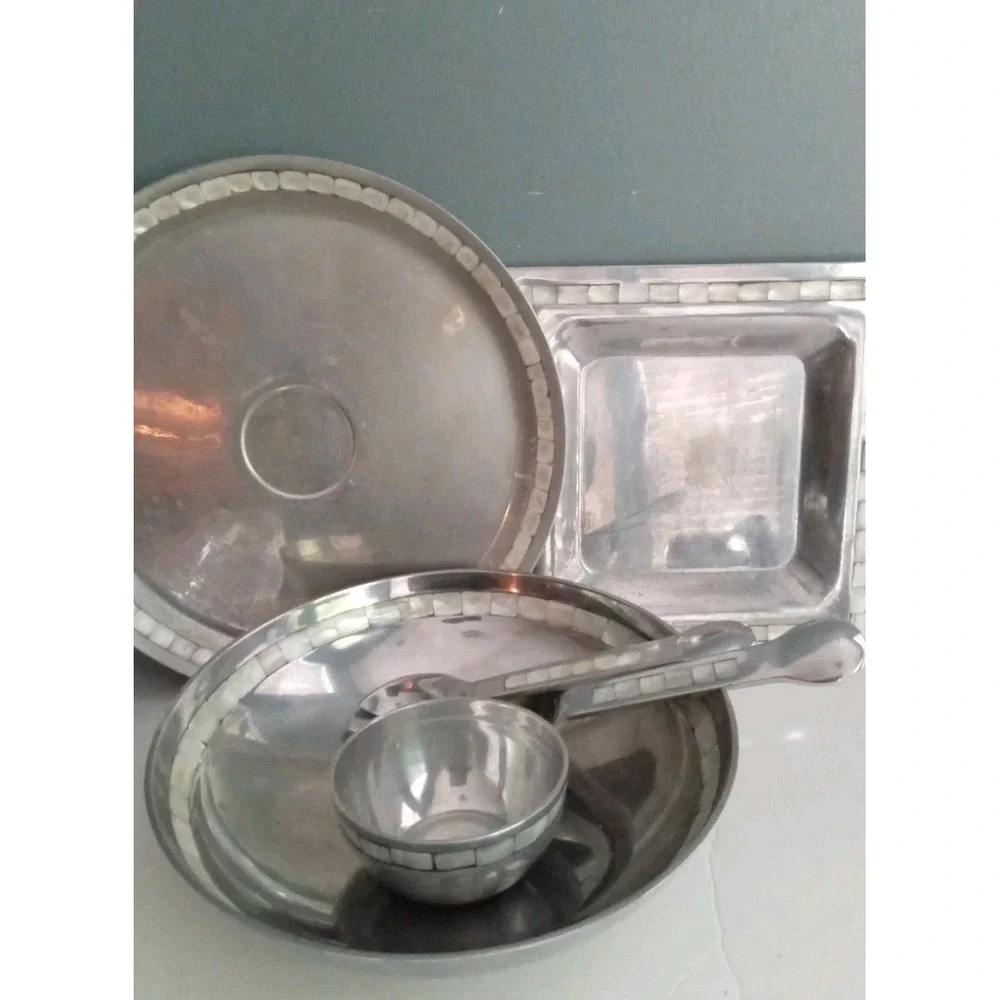 Towel Mother of Pearl Inlay Serving Set Bowl‎ Tray Spoon Vintage